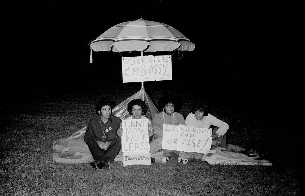 1972 Canberra Tent Embassy to Parliament. Pictured are activists, Michael Anderson, Billy Craigie, Bertie Williams, and Tony Correy.