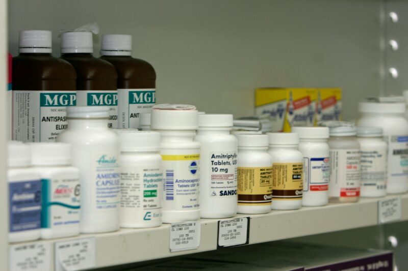 Medication shelf at a pharmacy.