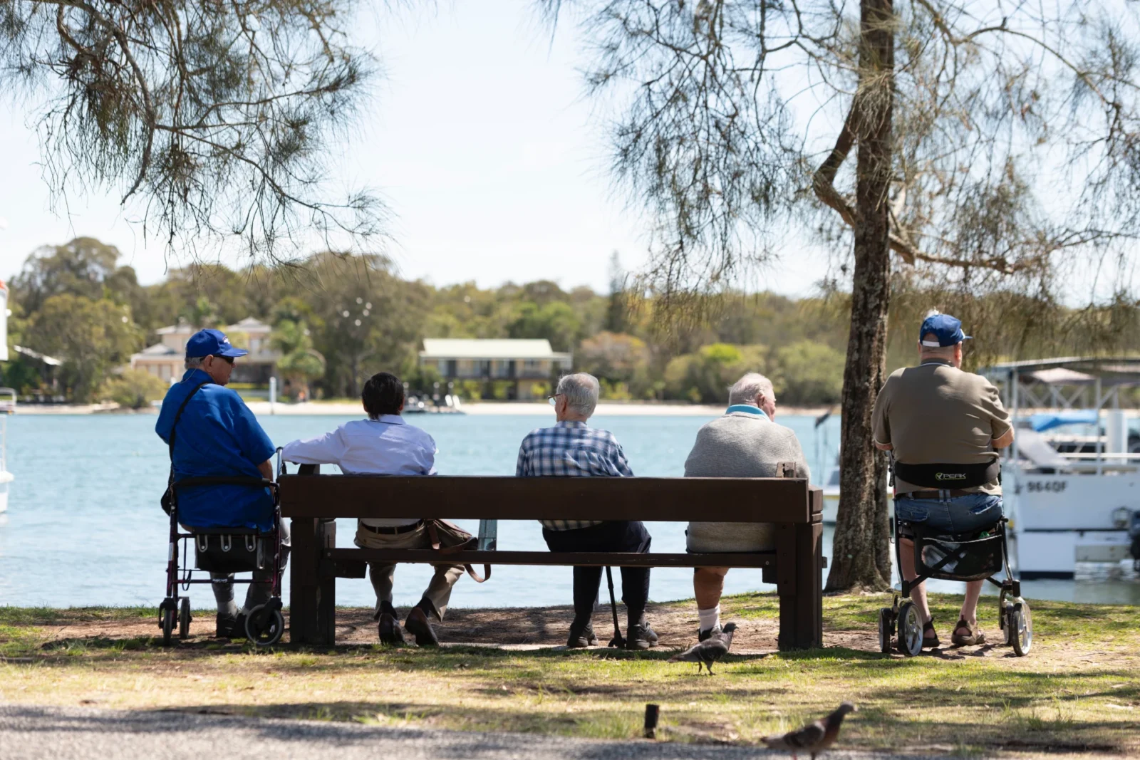 Group of five elderly Anglicare clients sitting on a park bench at the beach and looking at the water.