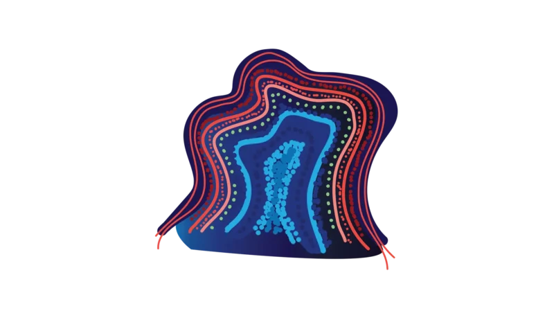 Motif from artwork with red, orange, pink, and blue lines and dots