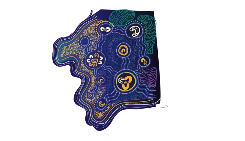 Motif from artwork, with a blue case and circles with different orange shapes inside of them