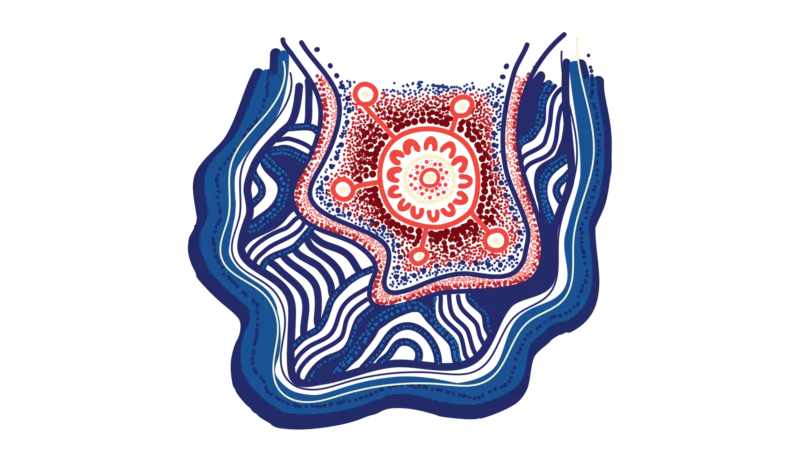 Motif with red, white and blue shades and shapes