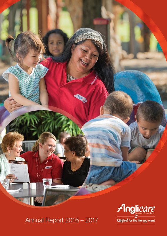 A smiling carer interacts with young children outdoors; below, two women and a carer chat at a table. The image highlights Anglicare’s commitment, as featured in their annual reports for 2016–2017.